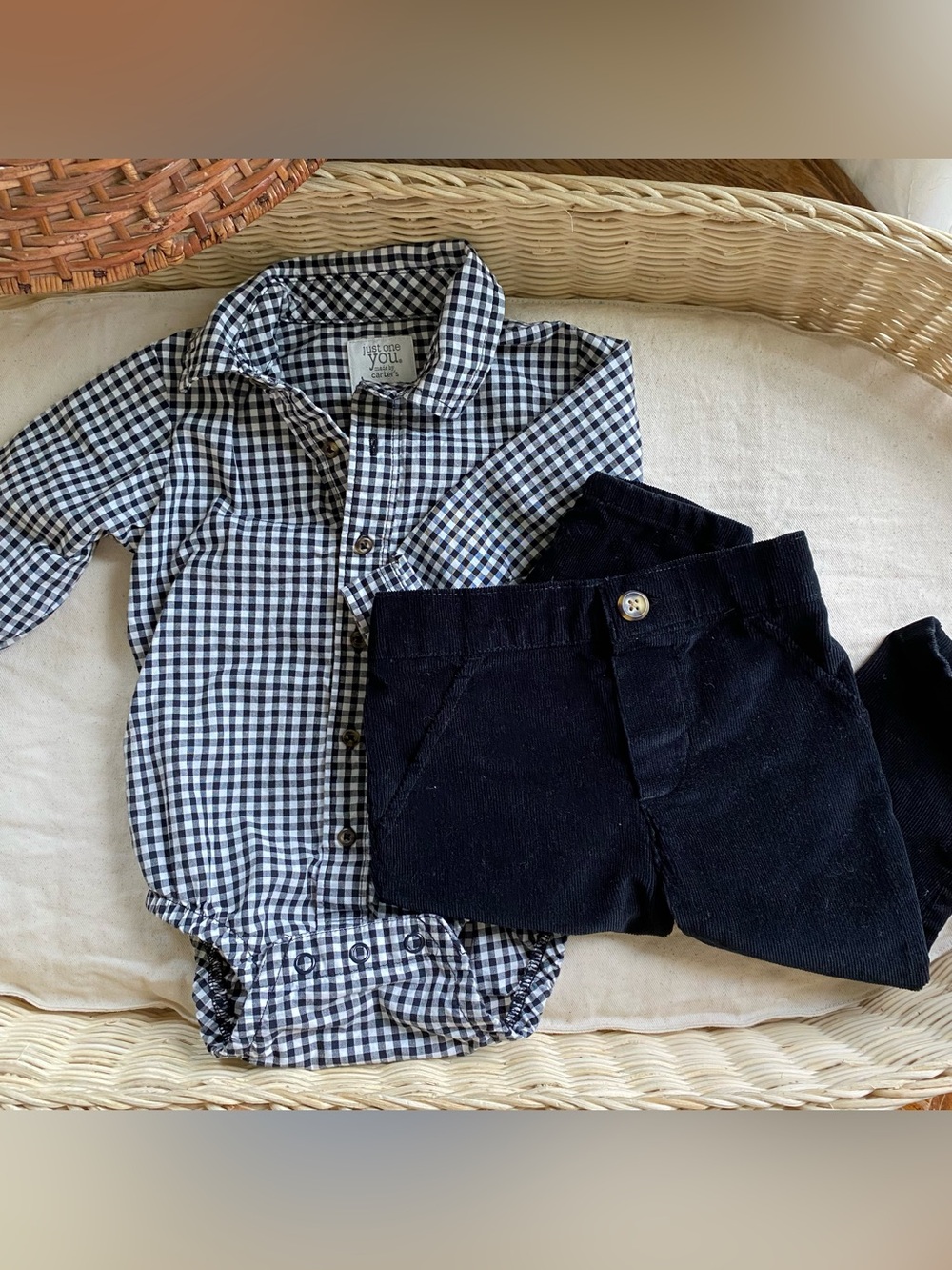 Carter's black + white gingham button up and  black corduroy pants set 12 months